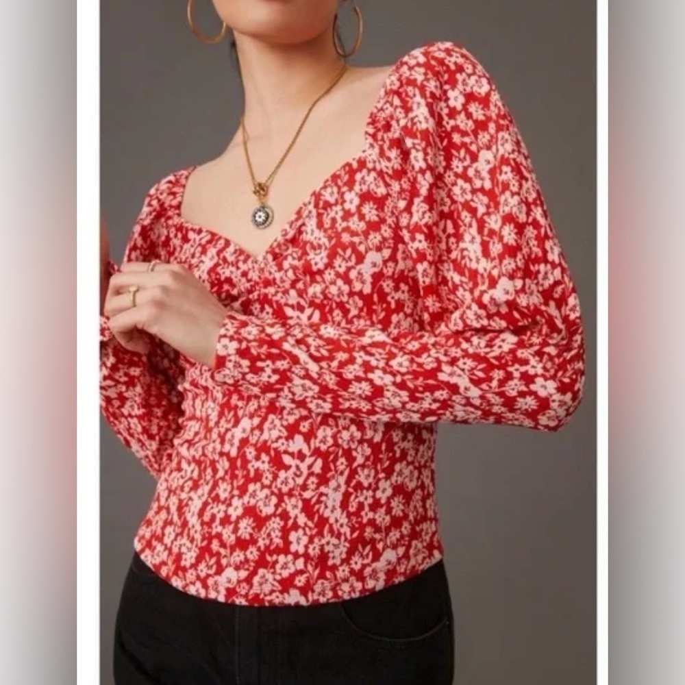 Anthropologie Red and White Flutter Sleeve Ruched Blouse size XS